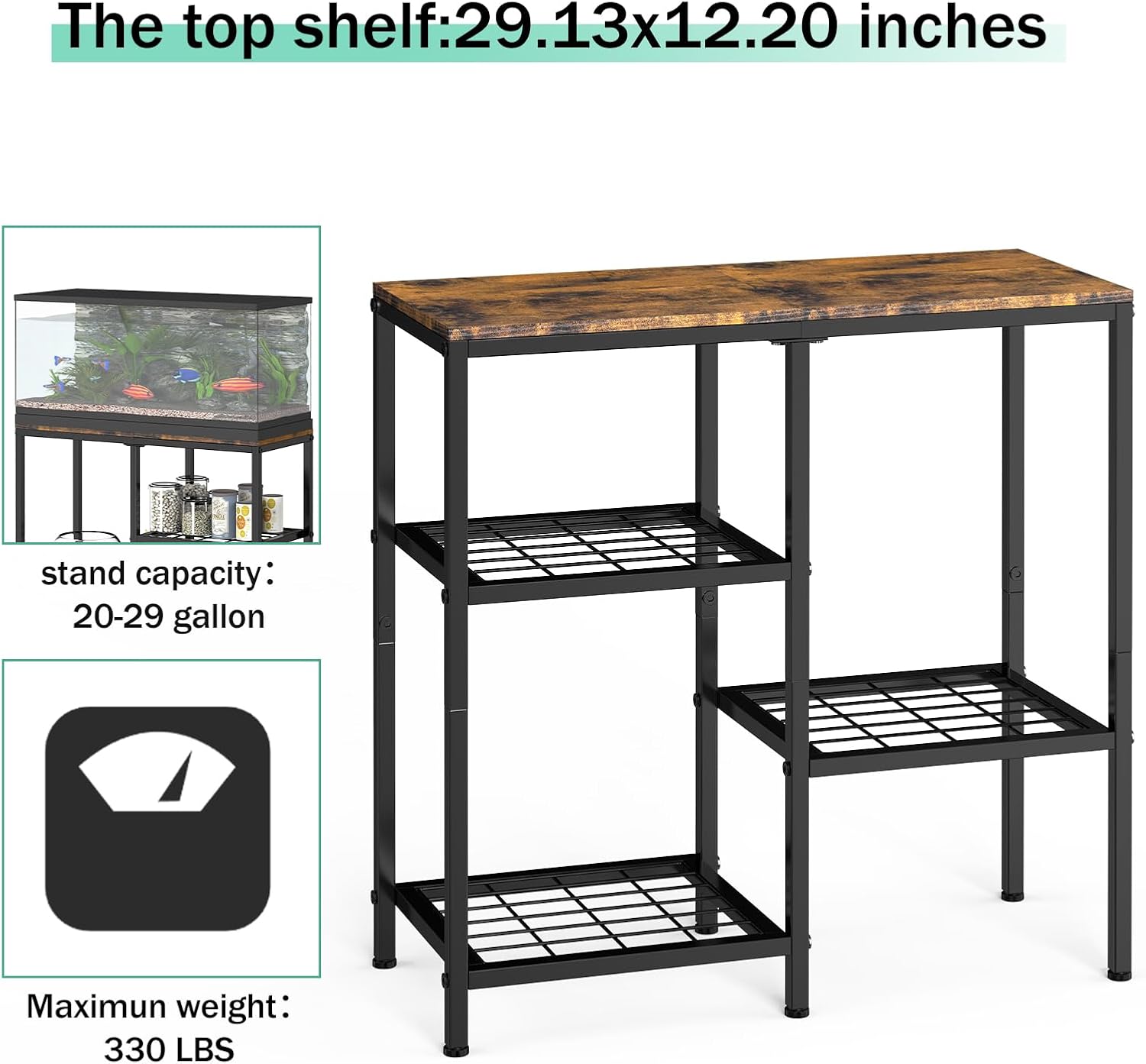 YBING 20 Gallon Fish Tank Stand with Shelf Aquarium Stand Reptile Tank Stand with 3-Tier Small Mesh Shelves 29" L x12 W x 30" H Brown
