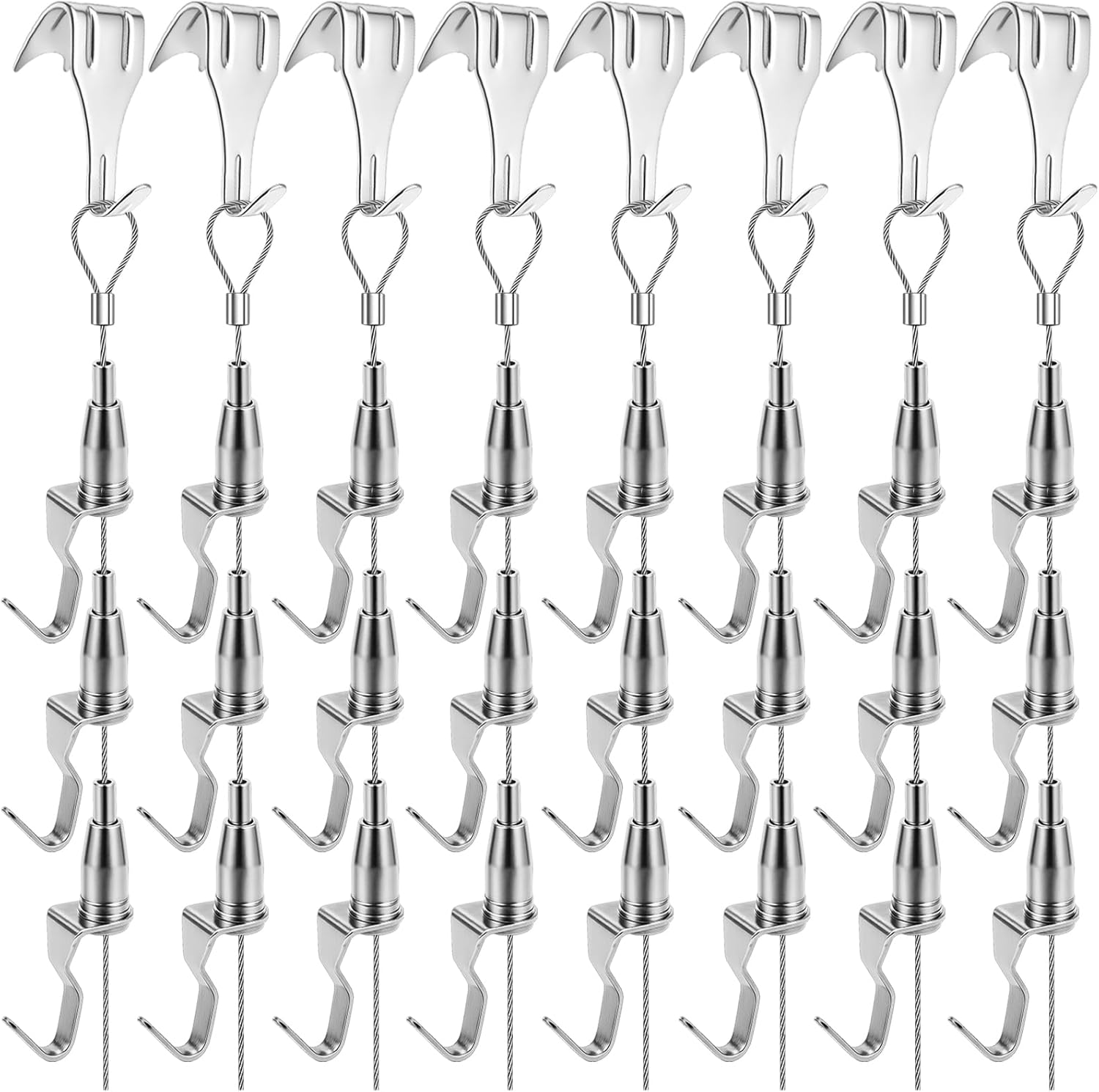 8PCS Adjustable Picture Hanging Wire Kit(6.56FT, 3 Hooks) Picture Rail Hanging System Sturdy Gallery Display Rail Rope with 3 Hooks for Exhibition Art Gallery Frames Display