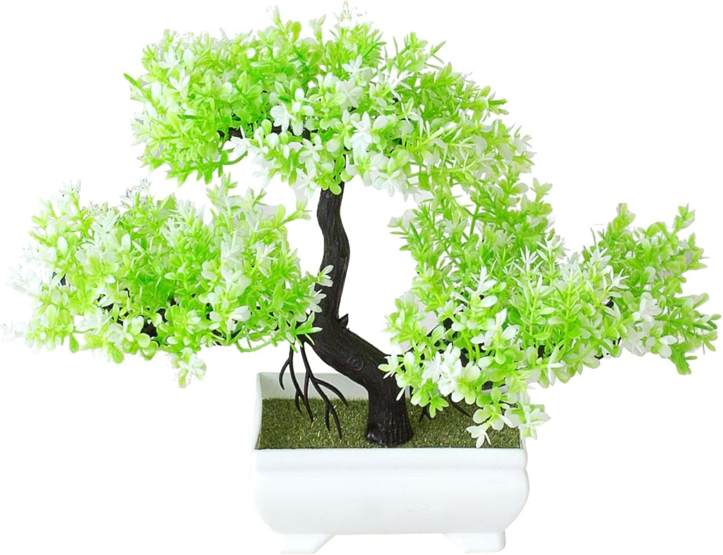 Mini Artificial Bonsai Tree Plants Artificial Plant Welcome Pine Tree with Plastic Cement Pots for Home Office Décor (White)