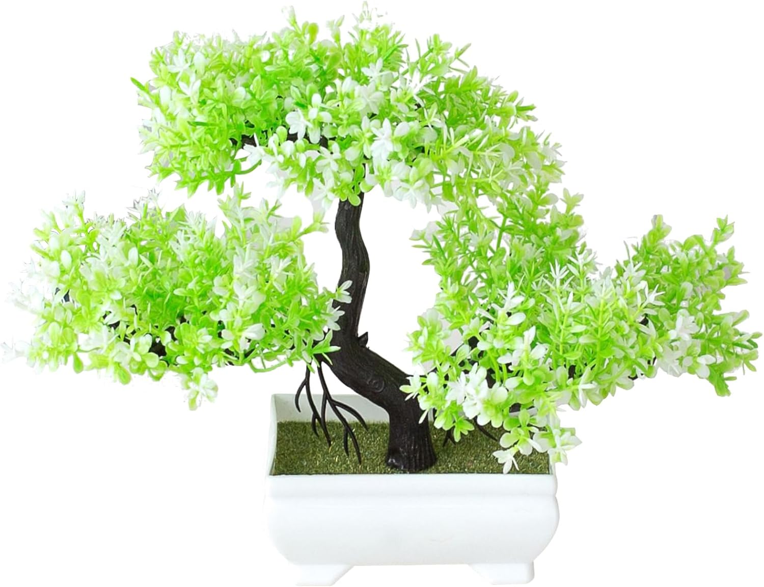 Mini Artificial Bonsai Tree Plants Artificial Plant Welcome Pine Tree with Plastic Cement Pots for Home Office Décor (White)
