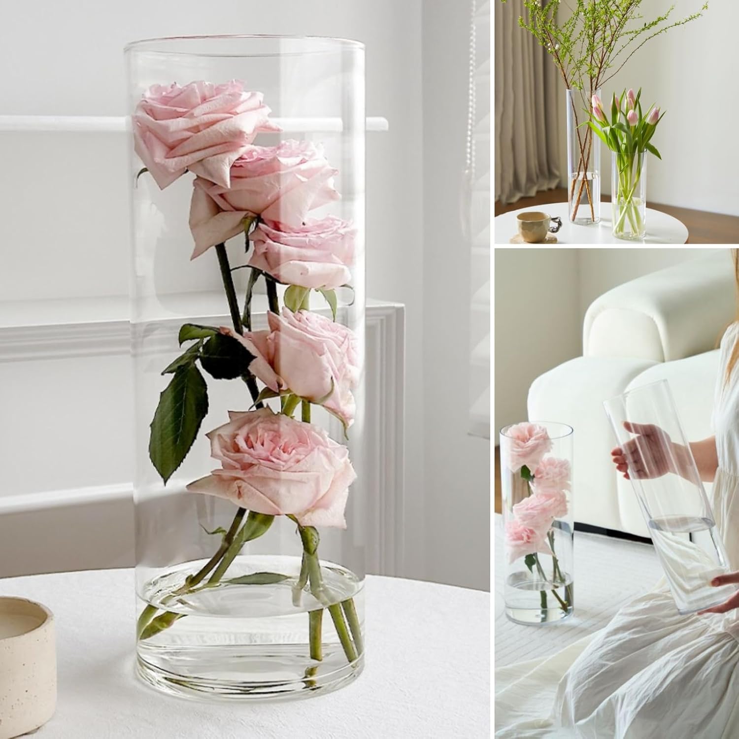 3 Clear Acrylic Cylinder Vase for Centerpieces, Tall Cylinder Plastic Hurricane Vases, Large Unbreakable Flower Vases for Wedding Bouquet (D 4.8", D 6" X H 15.8" +D 4" X H 12")