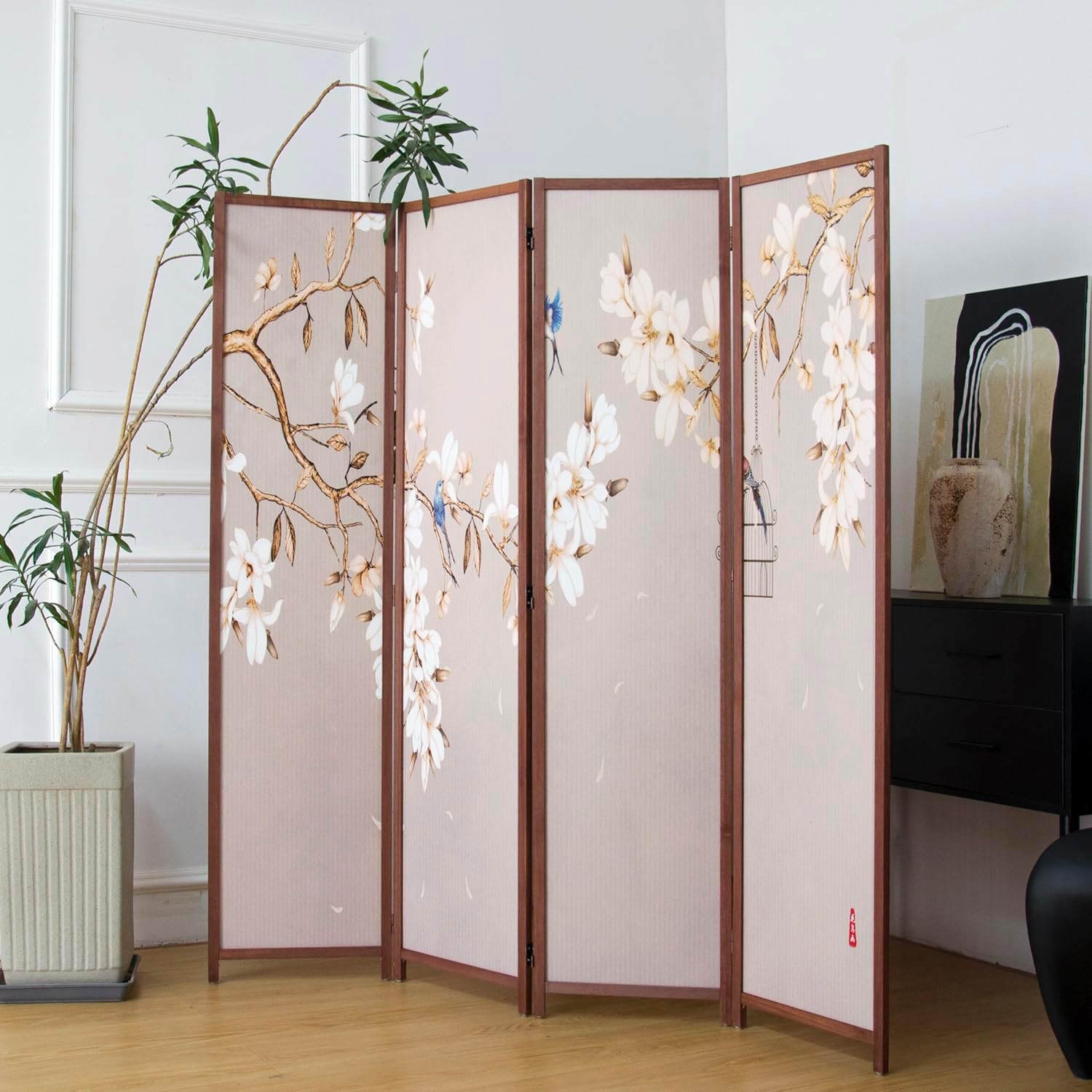 4 Panel Room Divider Folding Privacy Screen,5.6 FT Tall Double Faced Panel Screen,Blackout Panel Divider for Room Seperation,Flower and Bird