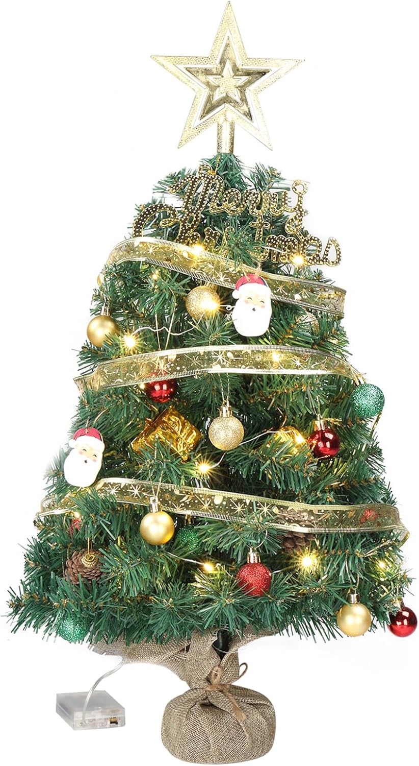 20 in Pre-lit Artificial Mini Christmas Tree, Tabletop Small Xmas Pine Tree with Ornaments and 30 Warm Lights Battery Operated for Home Office Store Holiday Deco, Green