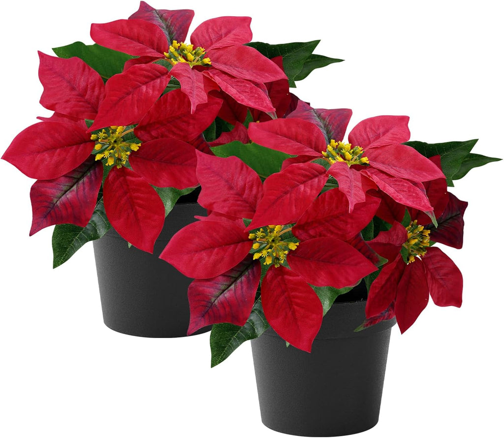 Poinsettias Artificial Christmas Flowers Tabletop Small Red Poinsettia Plant Artificial 9 Inch Faux Winter Flowers for Xmas Ornament Porch Home Garden Decorations(2 Pack)
