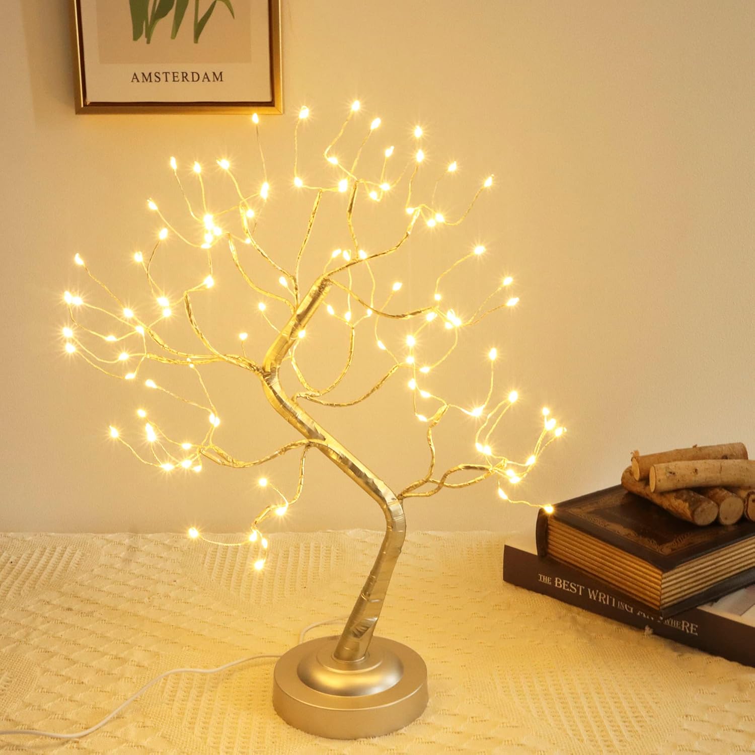 Fairy Light Tree 108 Led Twinkle Tree Fairy Light Spirit Tree Lamp Battery/USB Operated 6 Hours Timer Function with 8 Lighting Mode Golden Adjustable Branches Home Decoration (Warm White)
