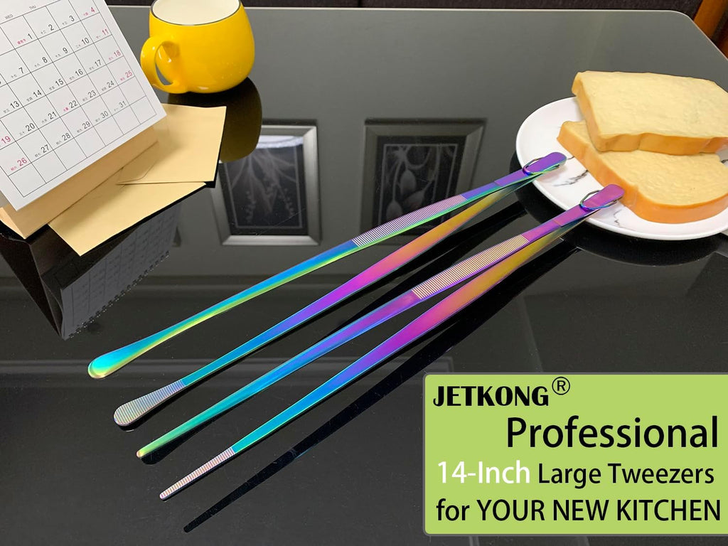 JETKONG 2 Pcs 14-Inch Culinary Tweezers Extra Long Food Tweezers Kitchen Tweezer Tongs for Cooking Grilling and BBQ (Rainbow)
