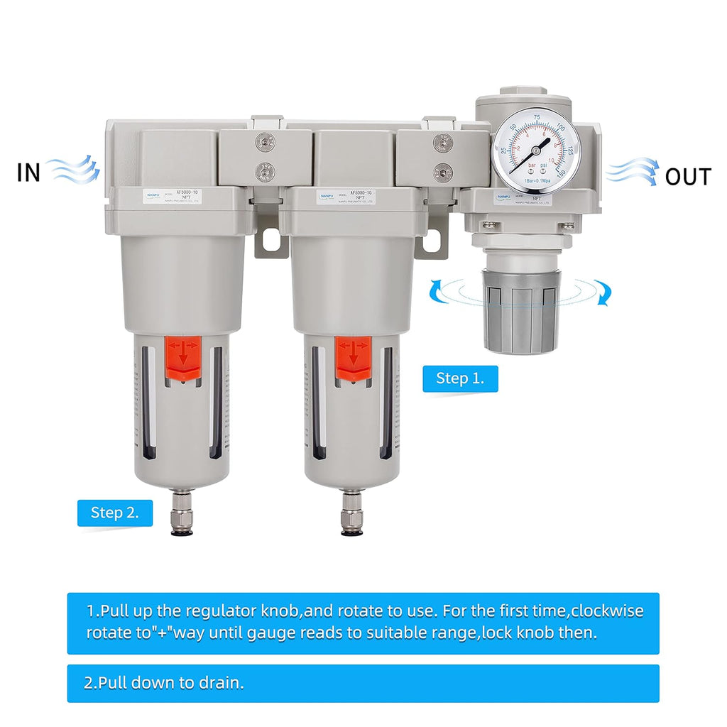 NANPU 1" NPT Air Drying System - Double Air Filters, Air Pressure Regulator Combo - Semi-Auto Drain, Poly Bowl
