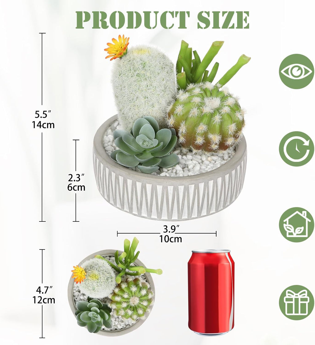 Artificial Cactus Plants Indoor, 5.5" Assorted Small Faux Succulent in Pots Fake Potted Desk Plant with Concrete Bowl Mini Succulents Artificial Cactus Decor for Home Office Bathroom Table Shelf
