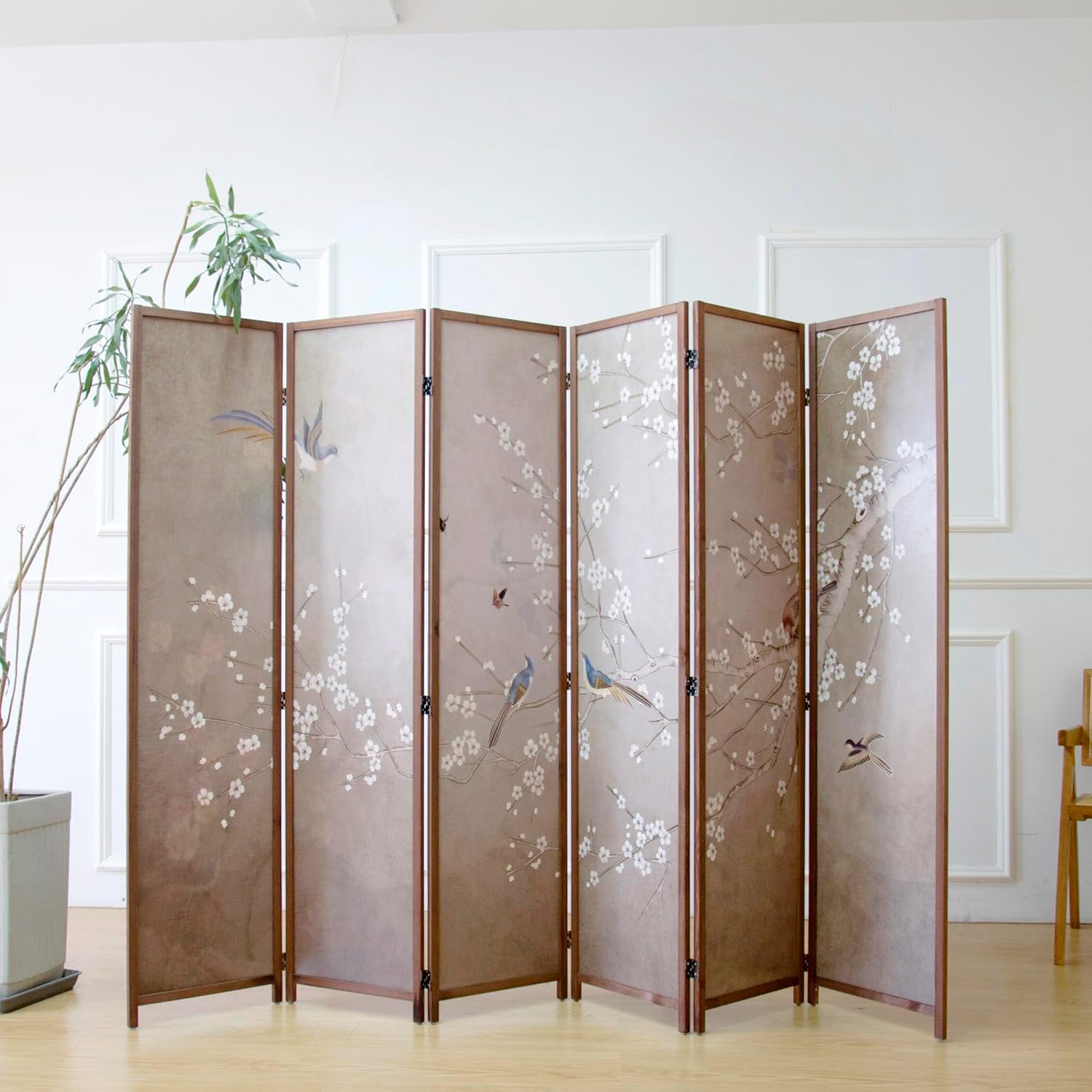 6 Panel Room Divider Screen,Double Faced Blackout Panel Divider Folding Panel Screen Divider for Room Separation,Plums and Birds,67" H x 94.5" W