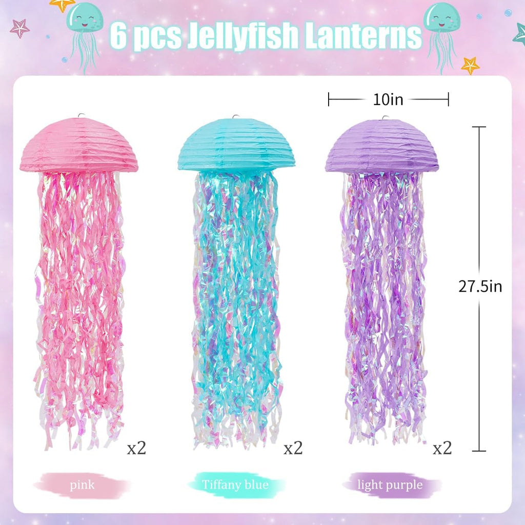 Mermaid Birthday Decorations, Jellyfish Paper Lanterns Pink Lavender Blue Hanging Lantern for Mermaid Baby Shower Theme Under The Sea Ocean Birthday Party Decorations Pack of 6
