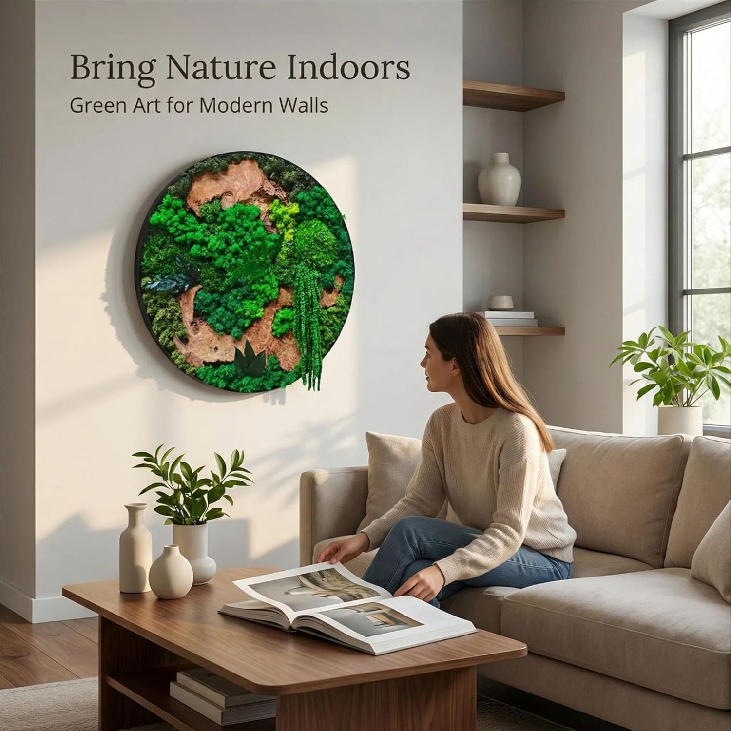 vadmepiop Natural Preserved Moss Wall Art with Real Wood Frame, Handcrafted Maintenance-Free Moss Wall Panel for Home Decor, Office, Restaurant, Bar & Cafe (Round, 15.75in)