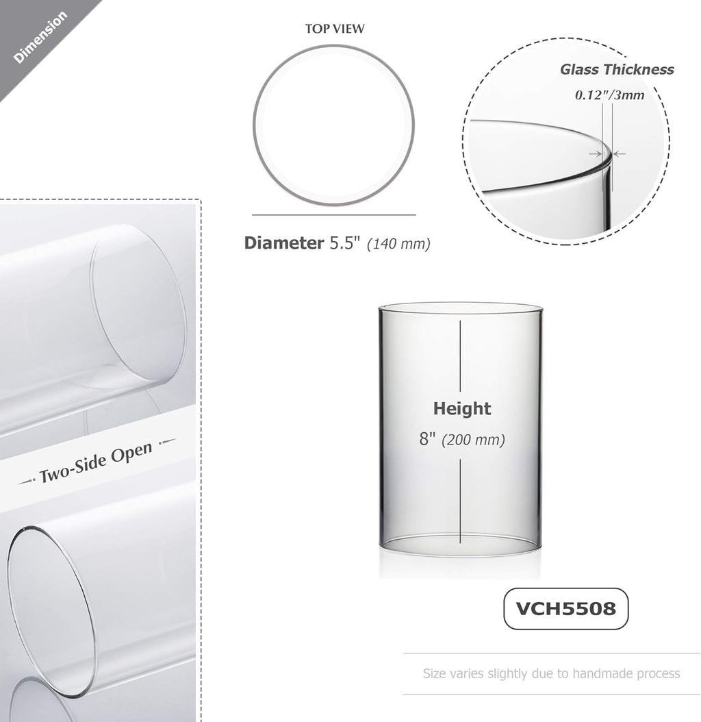 WGVI Hurricane Candle Holder Sleeve, Wide 5.5", Height 8", Clear Glass Cylinder Candleholder, Chimney Tube, Open Ended Candle Shade, 1 Piece
