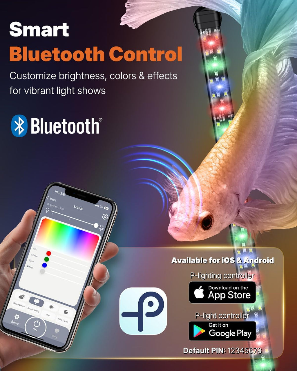 Pawfly Aquarium Light with Bluetooth for Plants, 8W 16 inch Full Spectrum Fish Tank Light for 17-30 inch Fish Tanks, Submersible LED Lights with App Control, Timer Modes & Adjustable Brightness