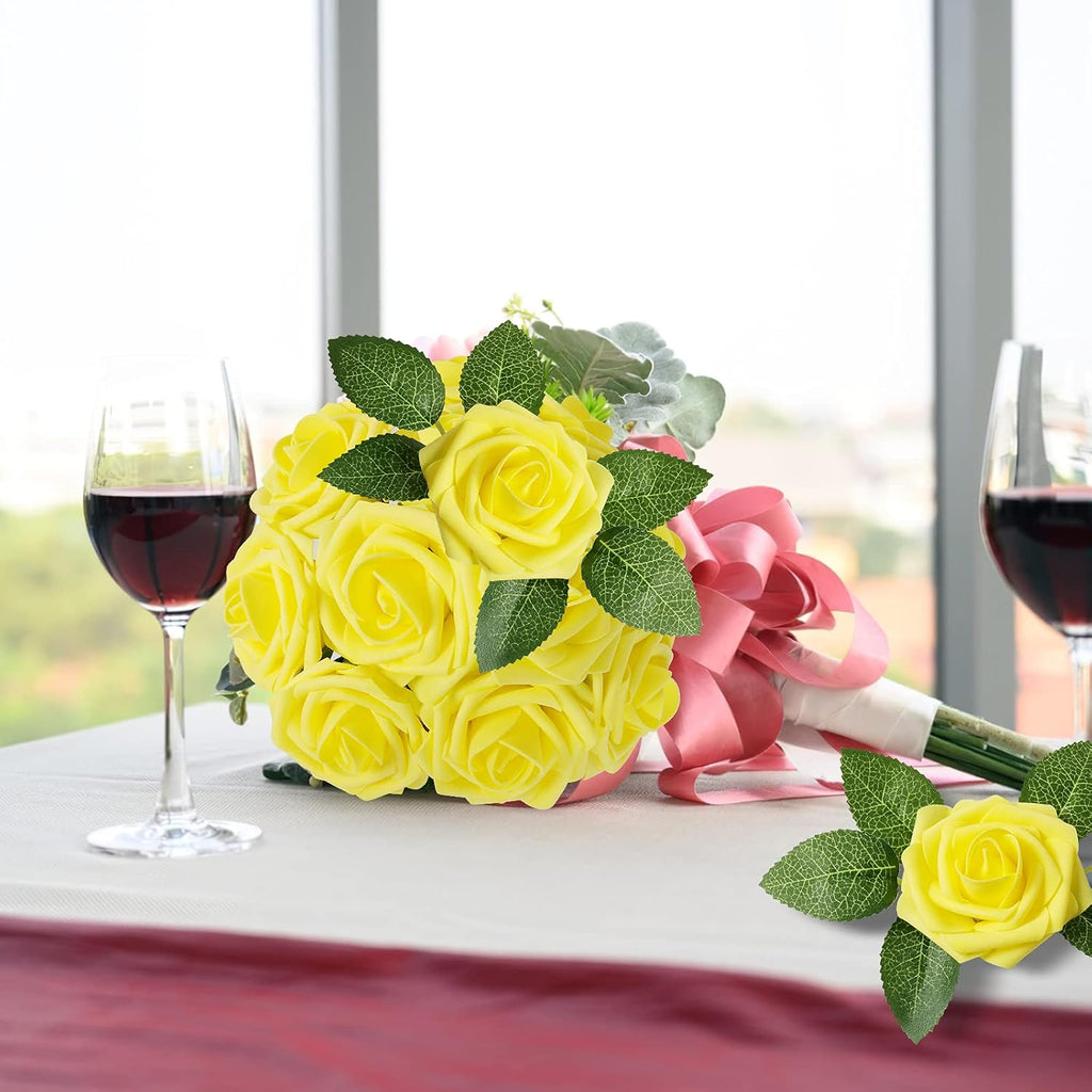 AmyHomie Artificial Flower Yellow Rose 25pcs Real Looking Fake Roses w/Stem for DIY Wedding Bouquets Centerpieces Arrangements Party Baby Shower Valentines Day Christmas Tree Decorations