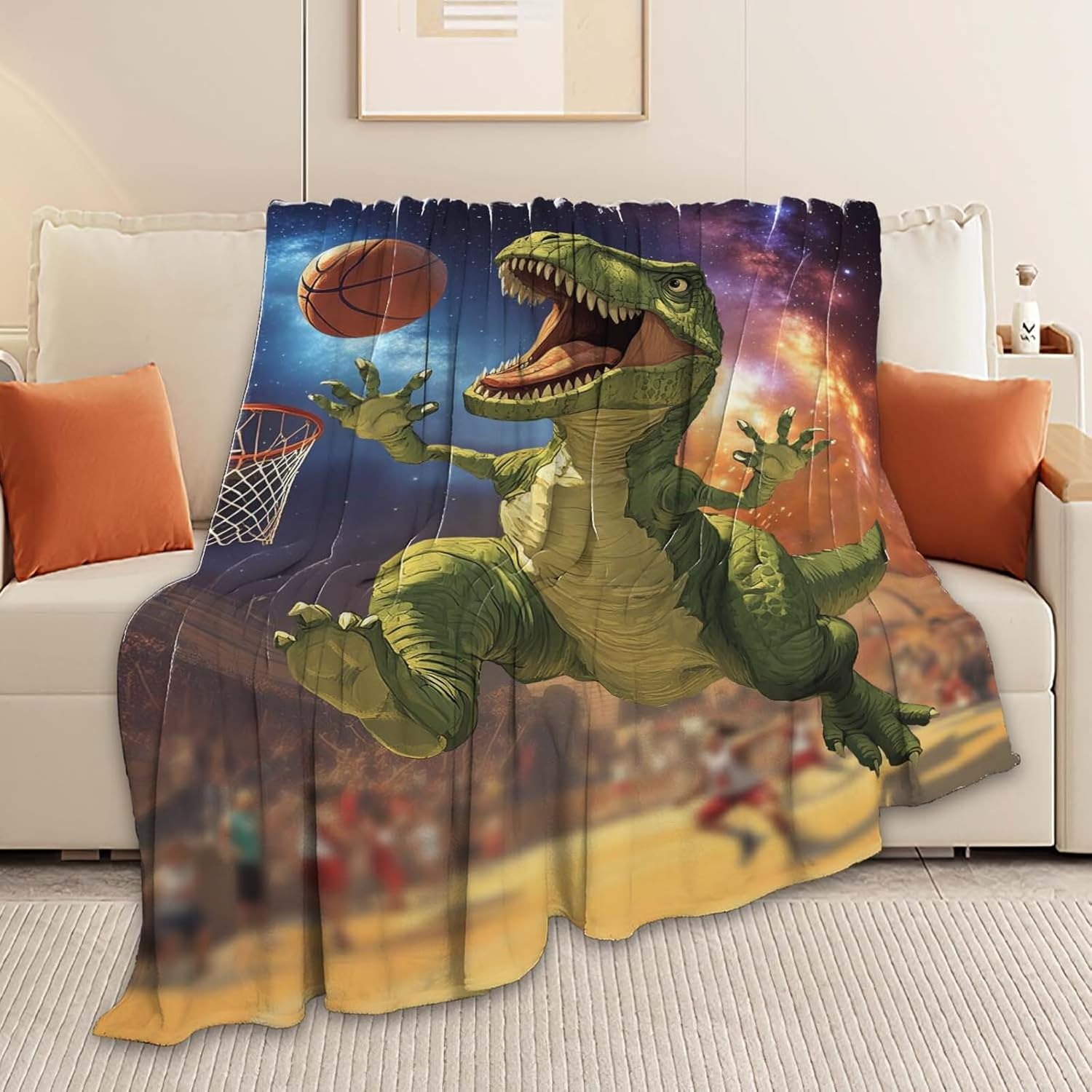 Dinosaur Throw Blanket Funny Dinosaur Basketball Stuff Gifts for Kids Girls Boys Adults Women Man Soft Cozy Warm Plush Fluffy Fuzzy Fleece Blanket Decor 40''X50''