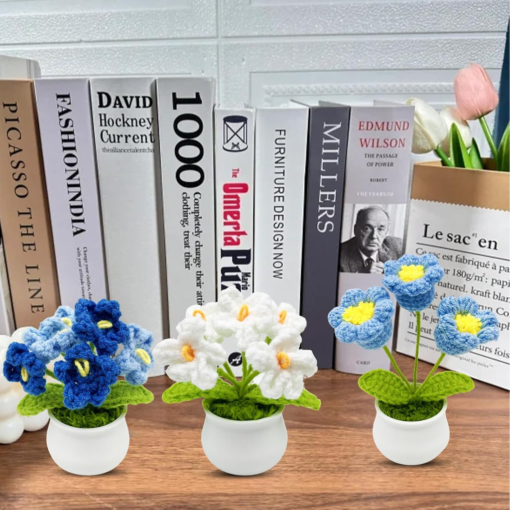 3pcs Crochet Flowers Cute Potted Flower,Mini Flower Bouquet for Mom Wife, Cute Desk Decor for Women,Artificial Handmade Flowers for Car Dashboard,Home Office Decoration (Color#3)