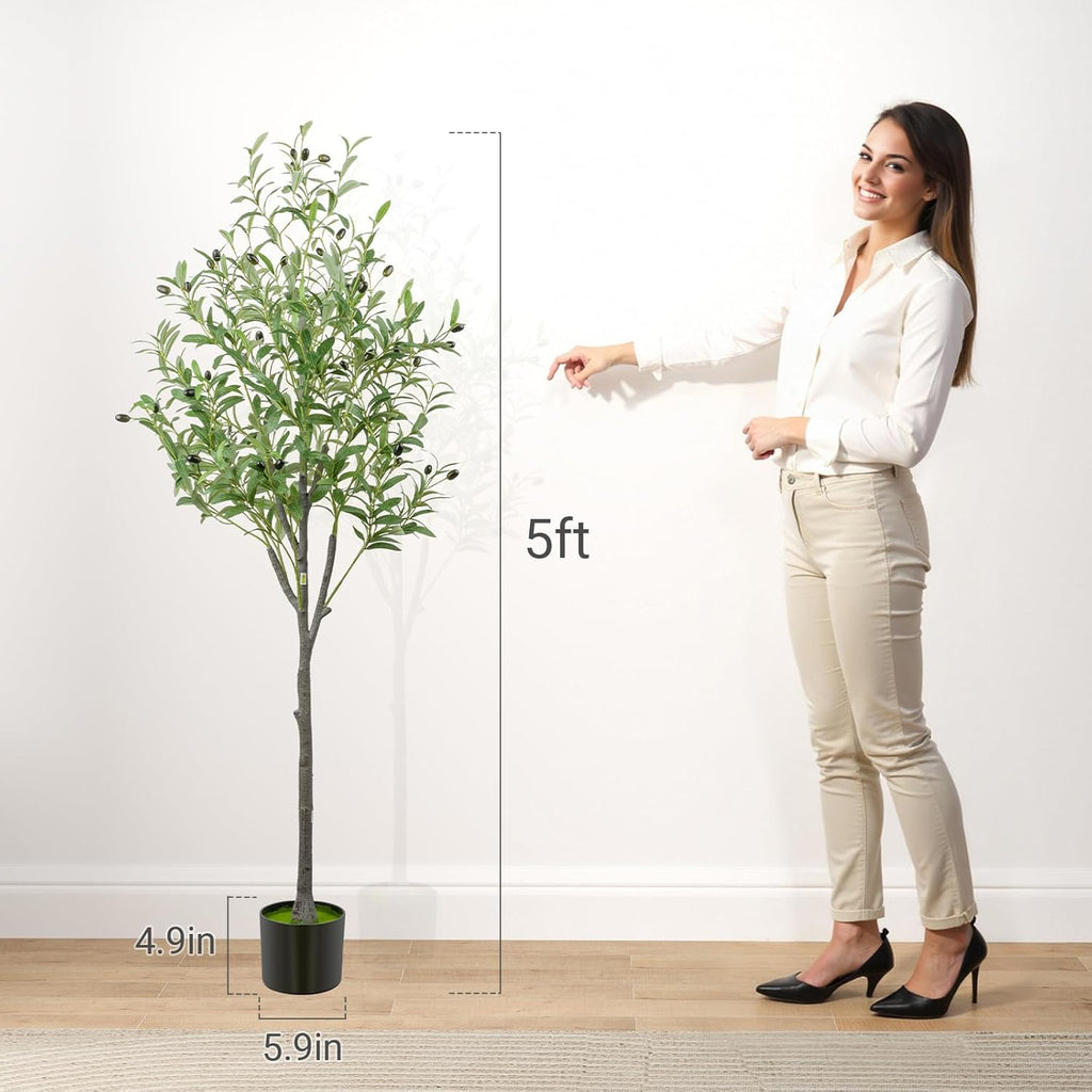 Artificial Olive Trees Indoor, 5FT Faux Olive Silk Tree with Black Pot, Fake Silk Artificial Olive Tree, Low Maintenance Realistic Trunk & Branches, Lifelike Fruits, Easy Assembly Indoor Plant