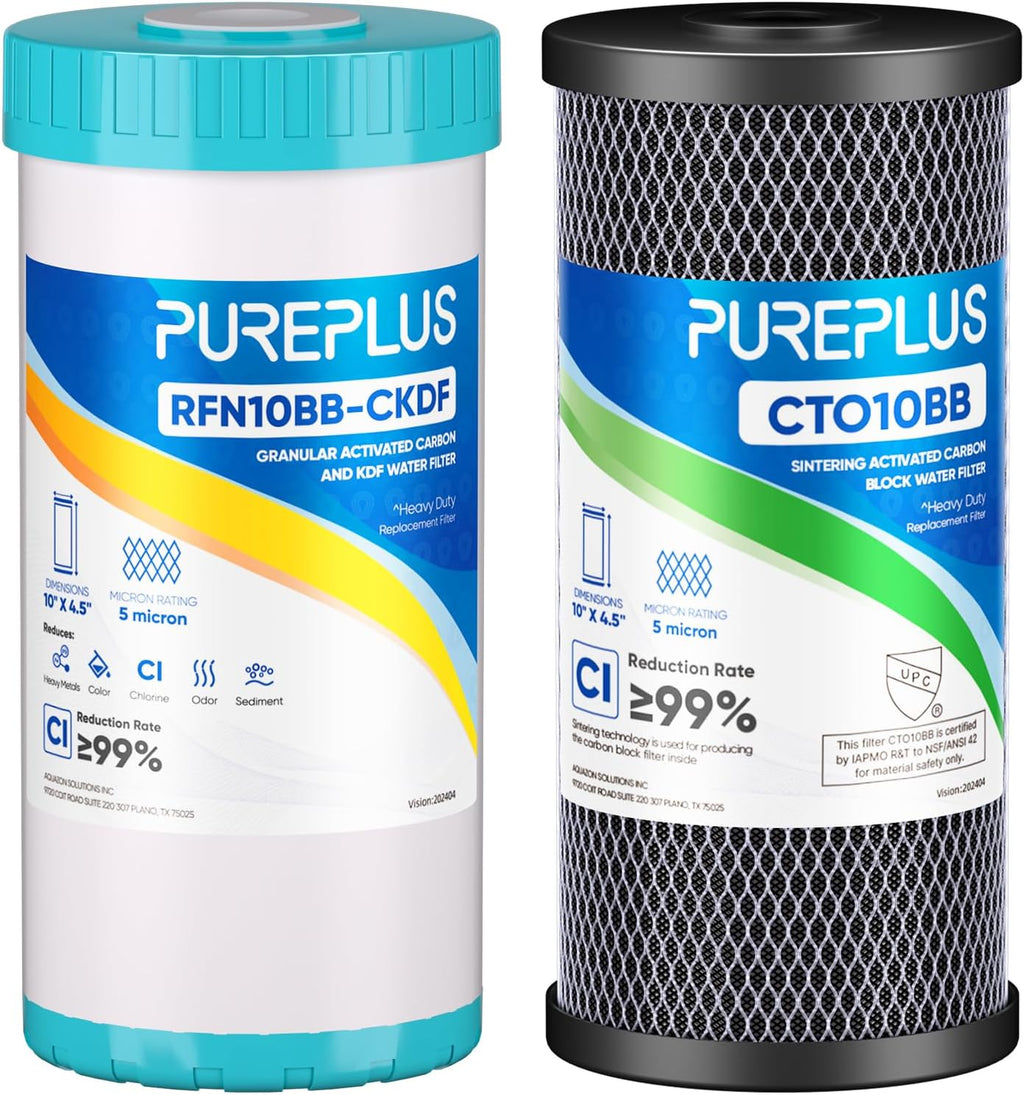 PUREPLUS 5 Micron 4.5"x 10" 2-Stage Whole House Water Filter Cartridge Combo Kit with KDF and Activated Carbon Block Filter, Replacement for WFHDC8001, CB-BB-10, GE FXHTC, GXWH40L, GXWH35F, 1PACK