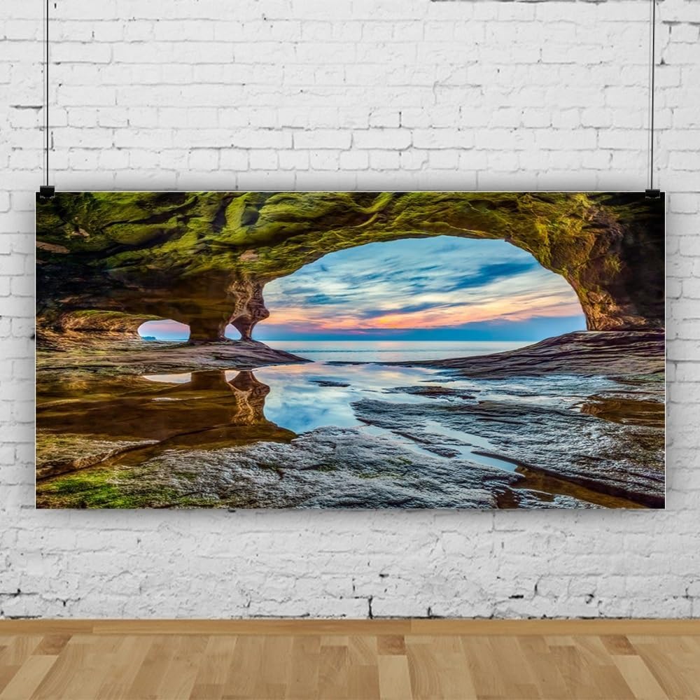 10x5ft Ocean Backdrop Summer Tunnel Mountain Sunset Blue Lake Water Moss Seaside Scenery Luau Photography Background Party Holiday Birthday Wedding Studio Photo Props Polyester