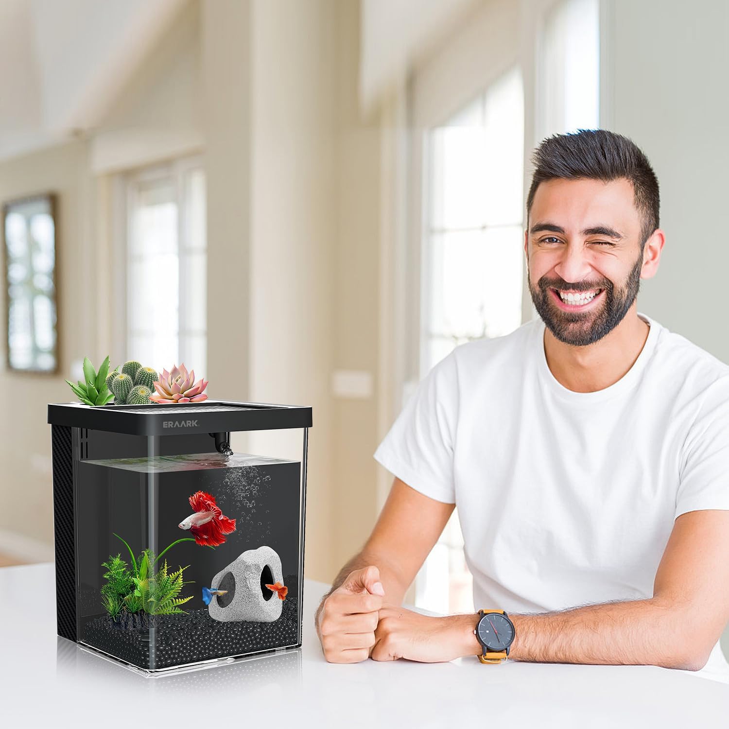 Betta Fish Tank,Aquarium kit 1.5 Gallon Fish Tank,with Filter LED Light, Water Pump, Decorate Water Plants and Sand, Aquarium Starter Kits, Fish Bowl
