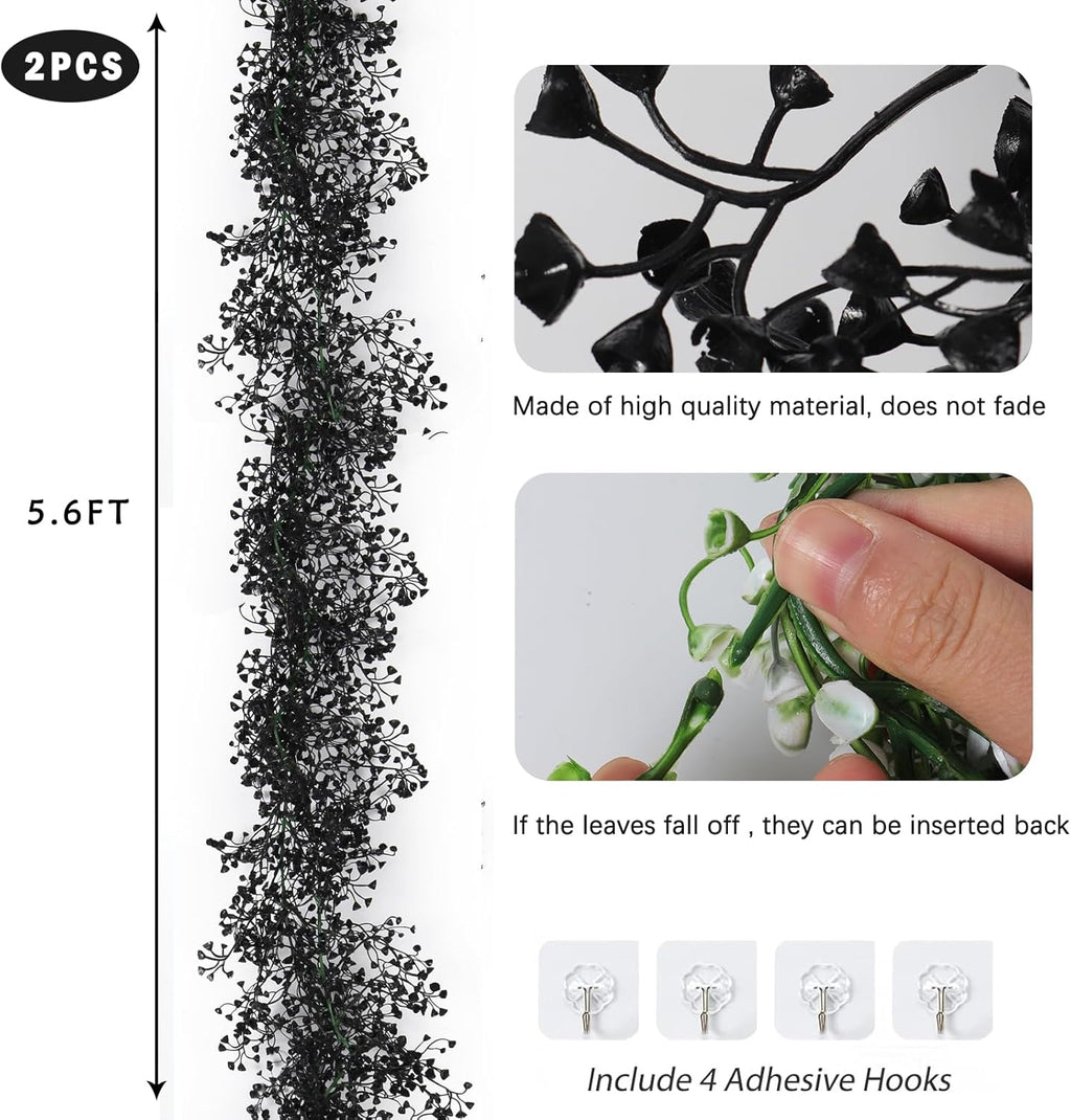 RECUTMS Black Garland Artificial Hanging Plants 2Pcs 5.6Ft Fake Garland Plant Greenery Faux Ferns Leaves Ivy Wreath for Halloween Thanksgiving Party Outdoor Indoor Garden Decor(Black)