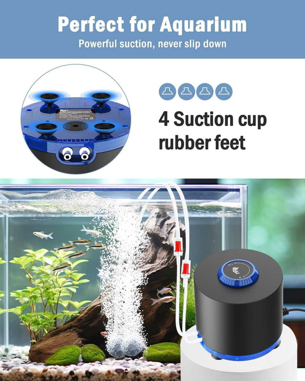 AQQA Aquarium Air Pump, Quiet Powerful Fish Tank Air Pump 3W/6W/10W with Stainless Steel Dual Outlet, Adjustable Oxygen Aerator Pump with Air Stone Bubbler for Fish Tank Up to 200 Gallon 3W (Tubby)