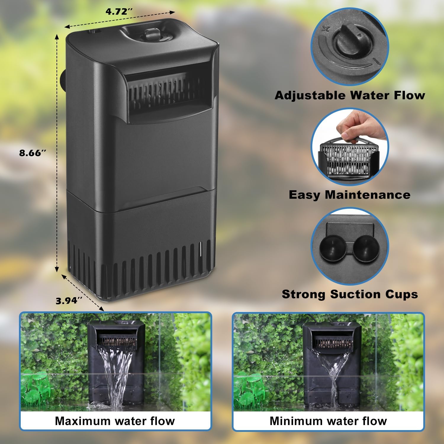 222GPH 10W Turtle Tank Filter Aquarium Filter Power Adjustable 10-40 Gal. Small Internal Filter 3-Stage Waterfall Bio-Filtration Quiet Low Water Level for Freshwater Saltwater Fish Tank Easy to Clean