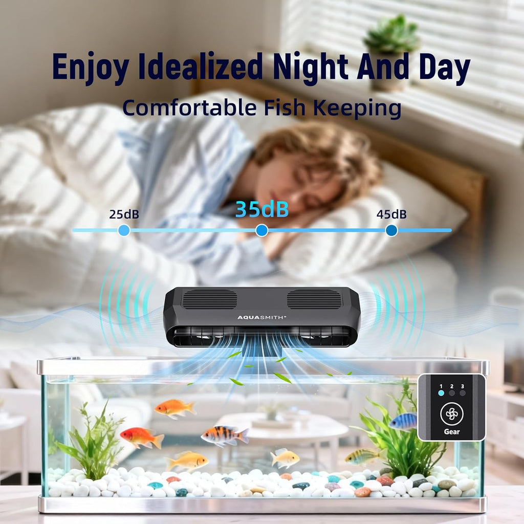 Aquarium Fan,Ultra-Quiet Fish Tank Cooler,More Powerful,Cooling Effect 3-7℉ with 3 Speed Modes Adjustable Applicable Aquariums with or Without Edges, for Axolotl Seawater Freshwater Coral Grass Tank