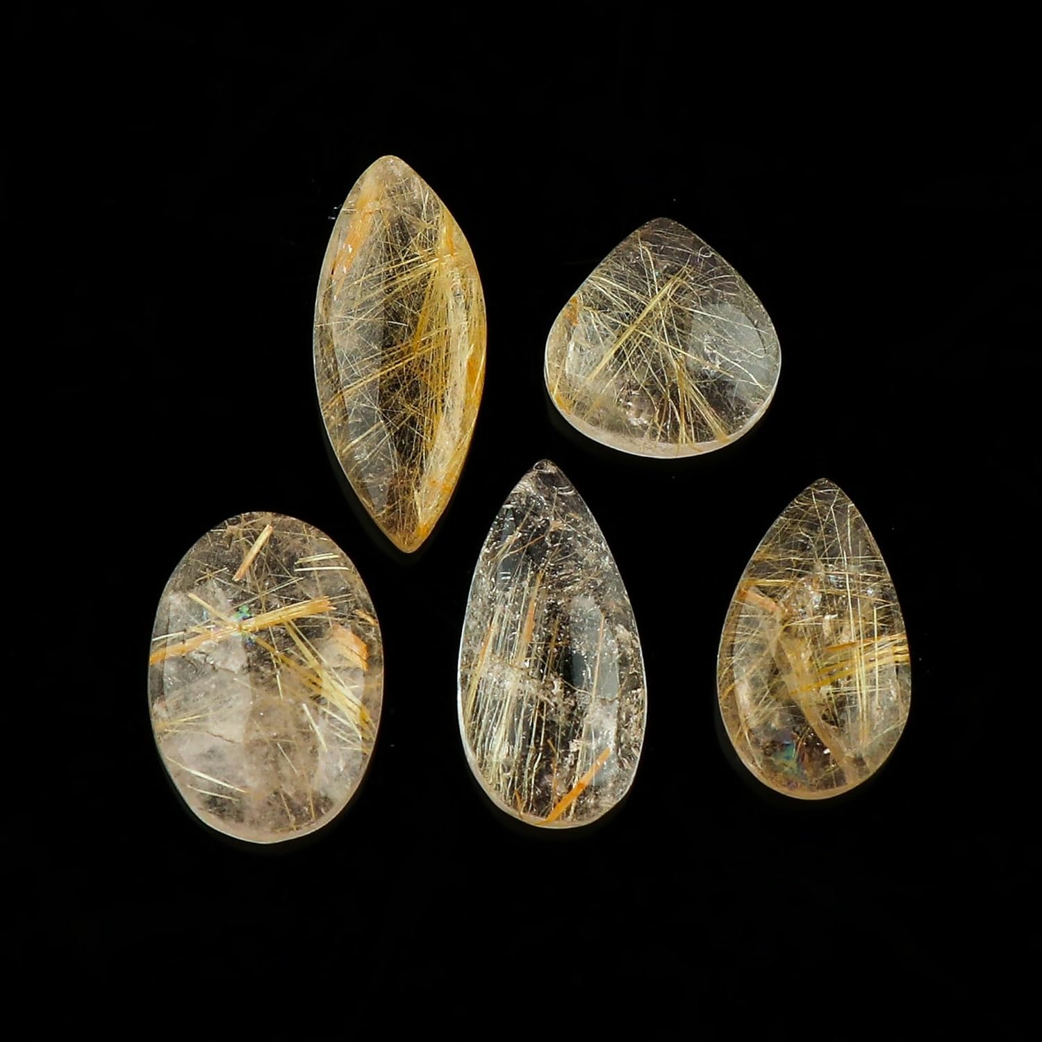 CRYSTALIS Wholesale 5pcs Natural Golden-Rutile Loose Gemstone Bulk Cabochons Jewelry Making Supply, Chakra Healing Polished Stones, Wire Wrapping, DIY, Gem Collection, Mix-Shape