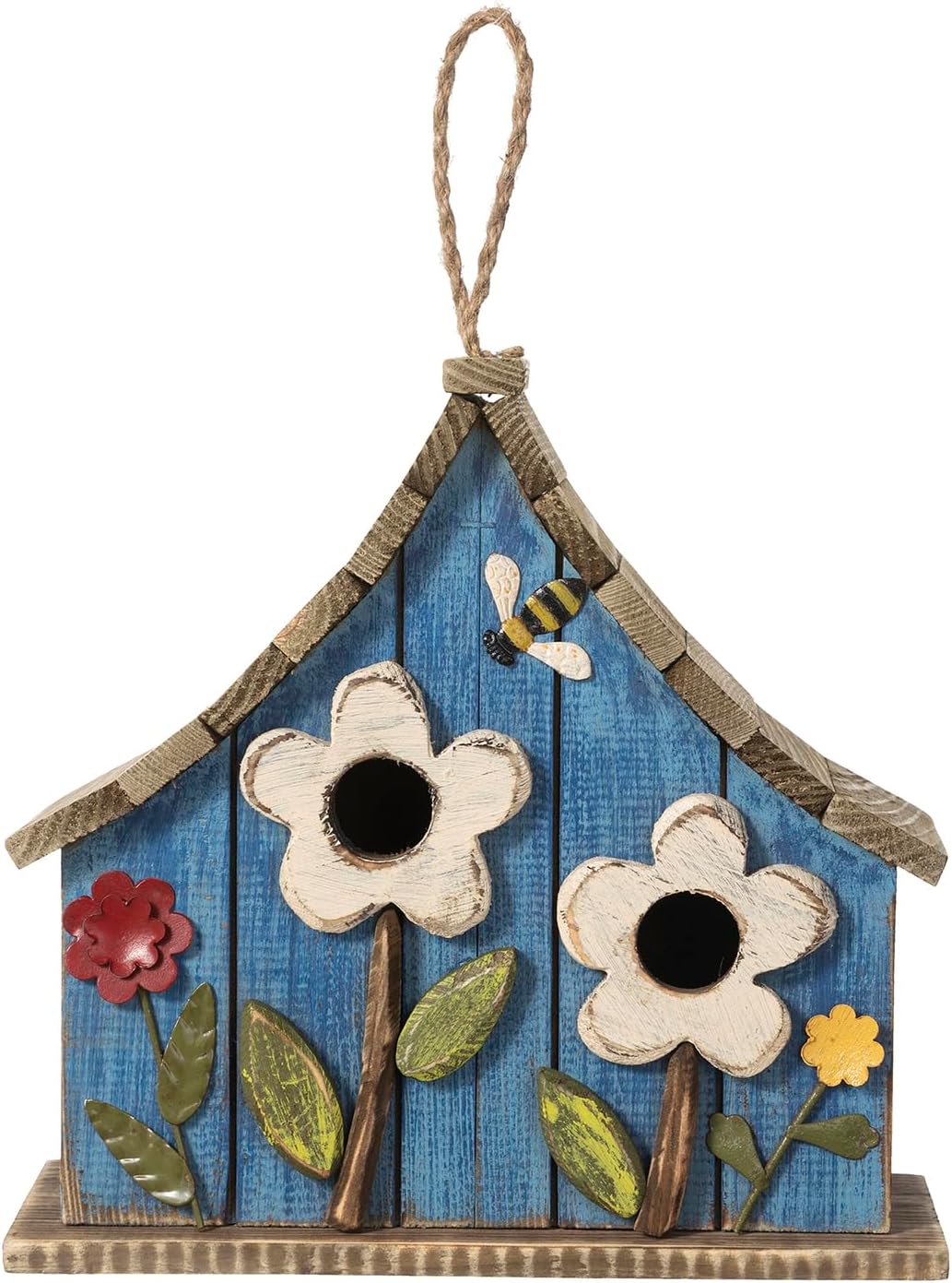 Glitzhome 10.75" L Distressed Solid Wood Hanging Birdhouse with 3D Flowers Rustic Hand-Painted Garden Bird Houses for Outdoors Decorative