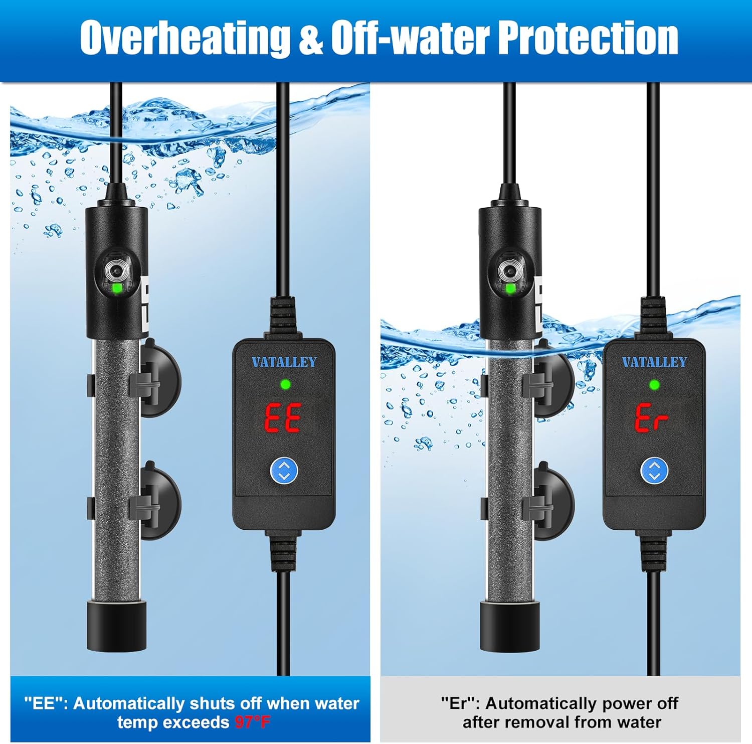 Mini Fish Tank Heater for Aquarium: 50W/100W/200W/300W/500W Submersible Betta Turtle Heaters with Accurate Temperature LED Digital Display - Overheating and Off-Water Protection for 10-20 Gallon