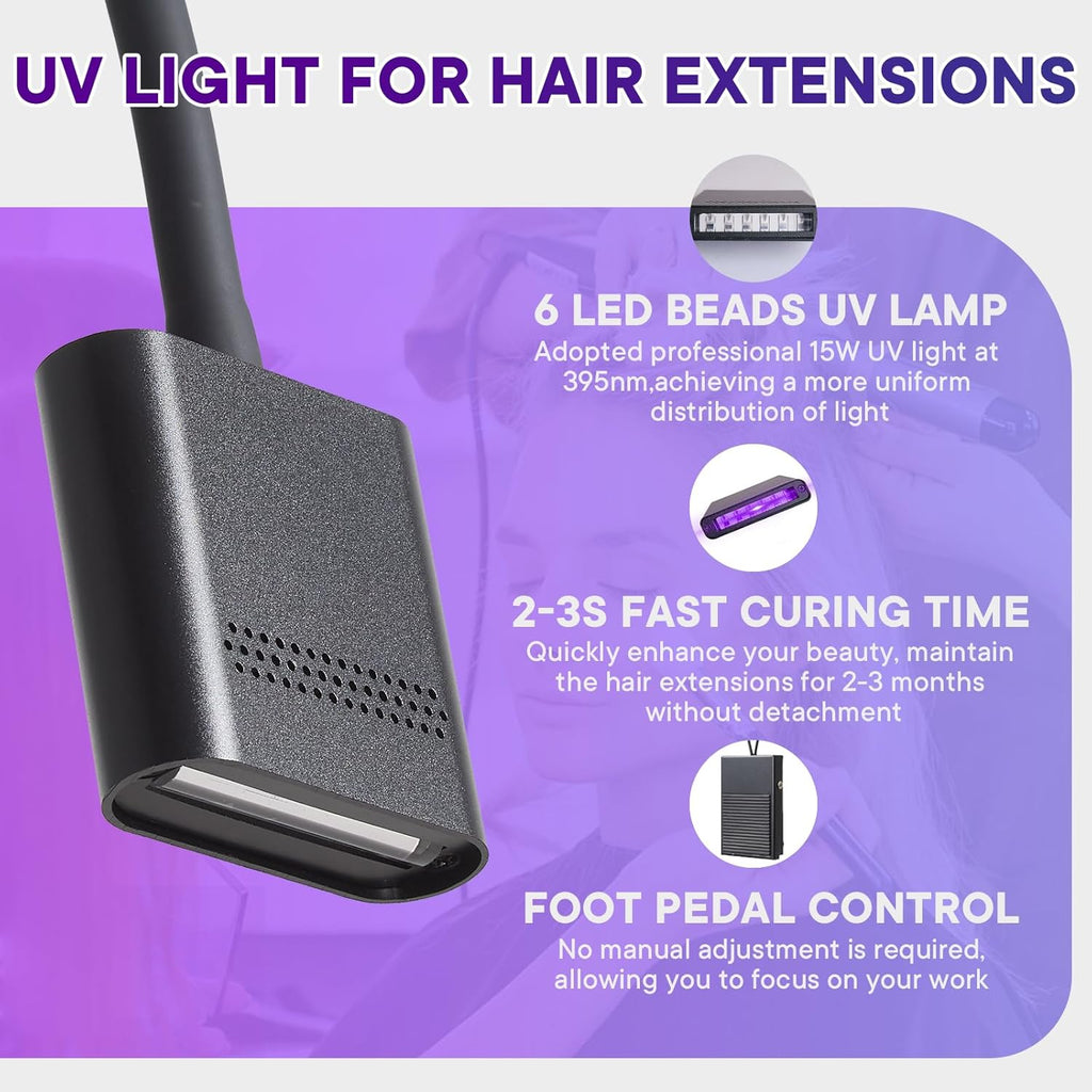 UV Hair Extensions Floor Lamp with Foot Pedal, 15W V Light Hair Extensions Kit, 360°Flexible Adjustable & Bendable Gooseneck UV Hair Extension Lamp Beauty Salon, Rapid Dry in 2-3 Seconds, Dark Black