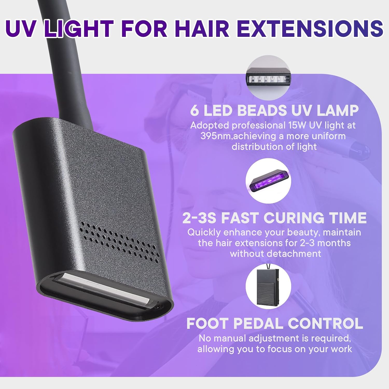 UV Hair Extensions Floor Lamp with Foot Pedal, 15W V Light Hair Extensions Kit, 360°Flexible Adjustable & Bendable Gooseneck UV Hair Extension Lamp Beauty Salon, Rapid Dry in 2-3 Seconds, Dark Black