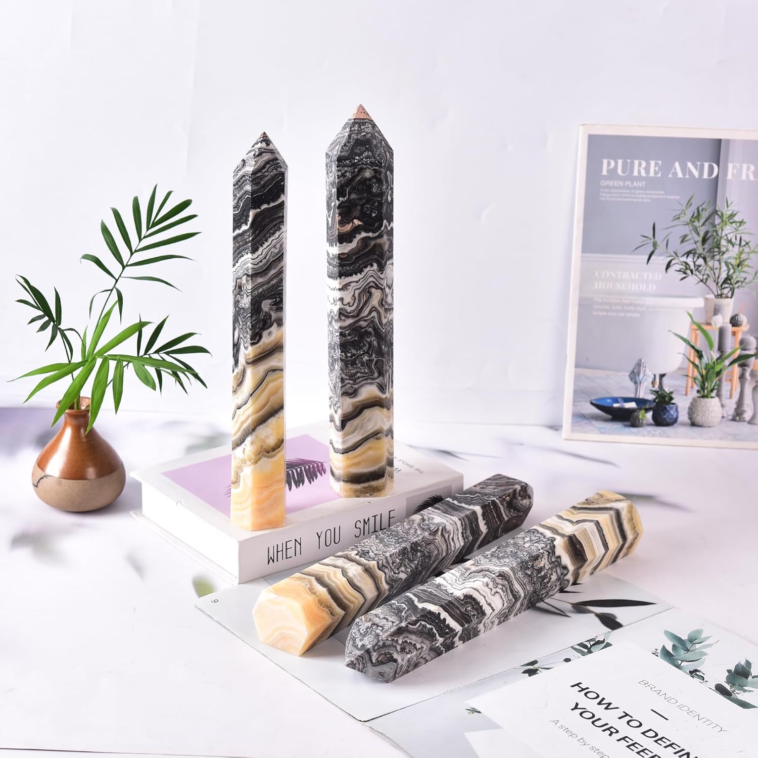 JIC Gem Large Black and Yellow Calcite Crystal Obelisk Tower Natural Healing Crystal Point Wand 6 Faceted Reiki Decor Crystal Gift 2.6-3.0 Lbs