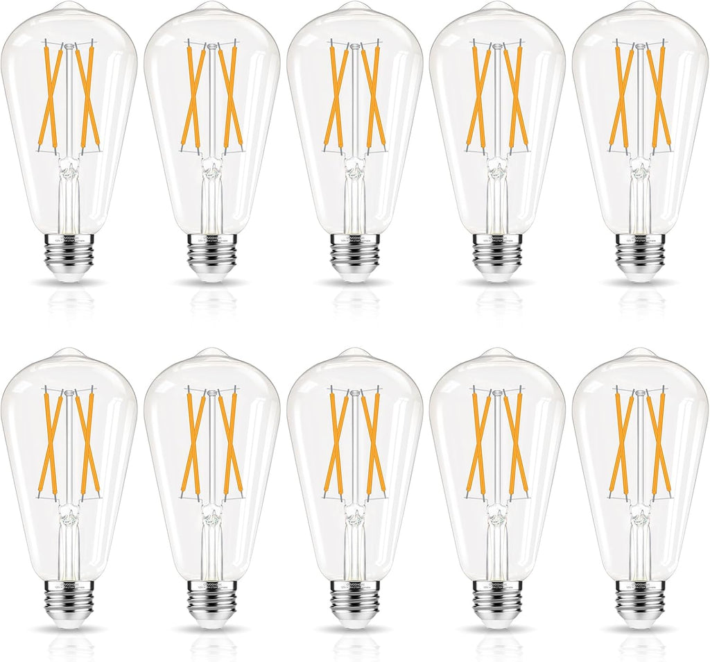 LED Edison Bulbs Dimmable, E26 Bulb 60 watt Equivalent, Soft White 2700K, ST58 Vintage Light Bulbs, 90+ CRI, 6W 600LM, E26 Medium Base, Clear Glass, 10 Pack