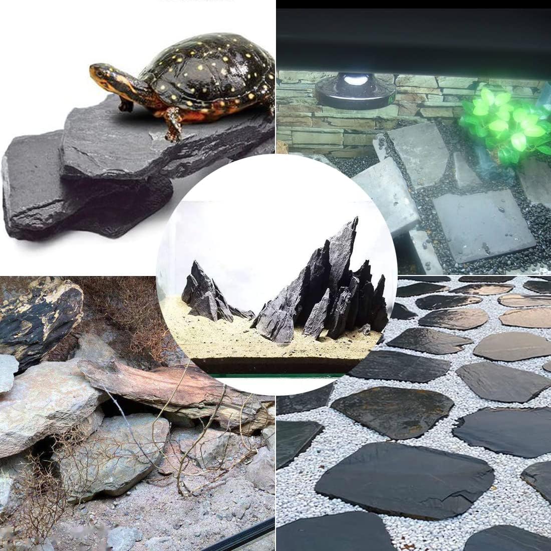 Natural Slate Stone Rocks, Mix of Stones 2 to 3 inches and 1 Piece About 8 inches - for Aquariums and Terrariums, Aquascaping (3 Pounds)
