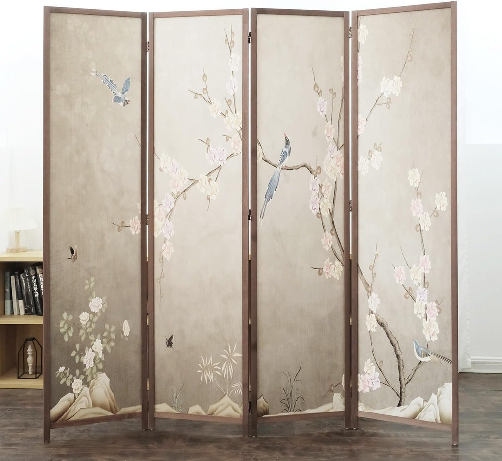 4 Panel Room Divider Screen,Double Faced Blackout Panel Divider Folding Panel Screen Divider for Room Separation,Plums and Birds,67" H x 63" W