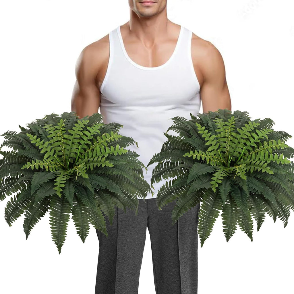 JUSTOYOU 36" Artificial Boston Fern Bush, Artificial Ferns for Outdoors Large Set of 2 with 60 Fronds Faux Ferns UV Resistant Fake Plants for Indoor and Outdoors Home Office Greenery Decor