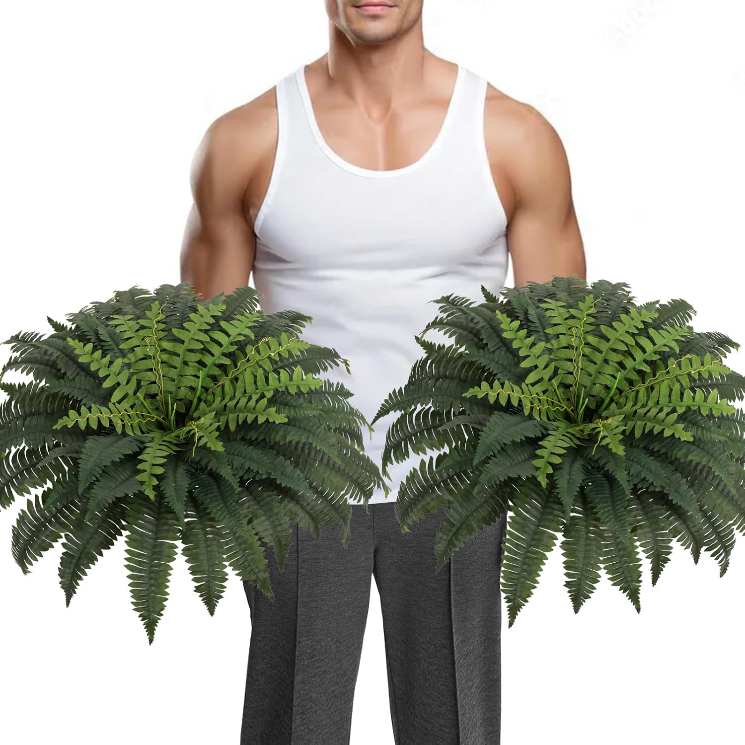 JUSTOYOU 36" Artificial Boston Fern Bush, Artificial Ferns for Outdoors Large Set of 2 with 60 Fronds Faux Ferns UV Resistant Fake Plants for Indoor and Outdoors Home Office Greenery Decor