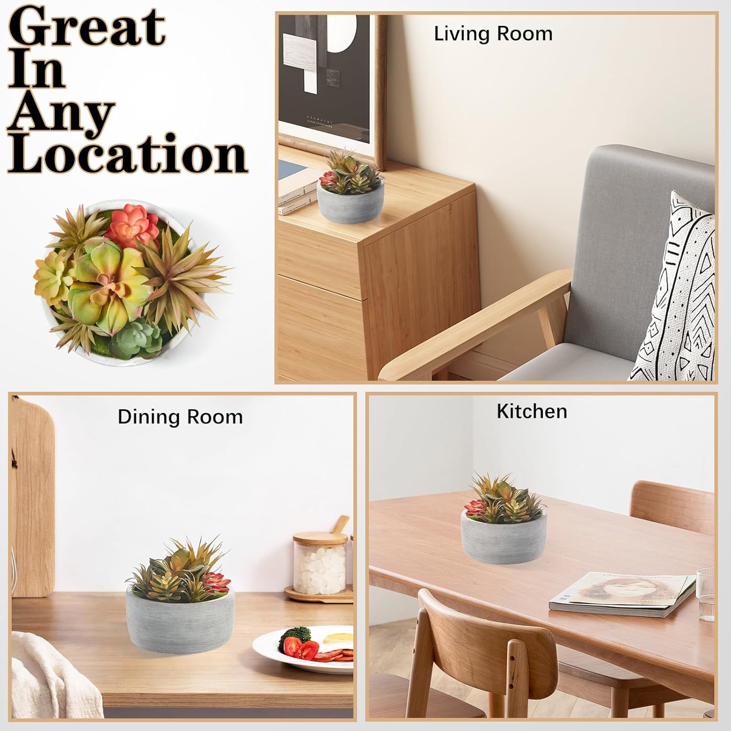 Artificial Succulent Plants Potted Indoor with Ceramic Pot - Fake Low Maintenance Plants for Bedroom, Bathroom, Coffee Table Decor - Home Office Desk & Room Aesthetics