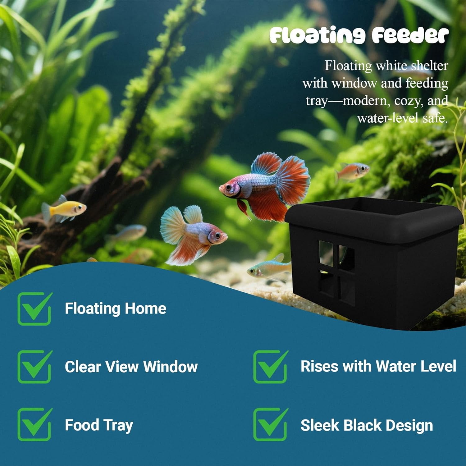 Black Floating Betta Fish Hideout with Window – 3D Breeding Box & Resting Cave – Floating Betta Hammock, Feeding Platform & Fish Tank Accessories for Small Aquariums, Bowls & Nano Tanks