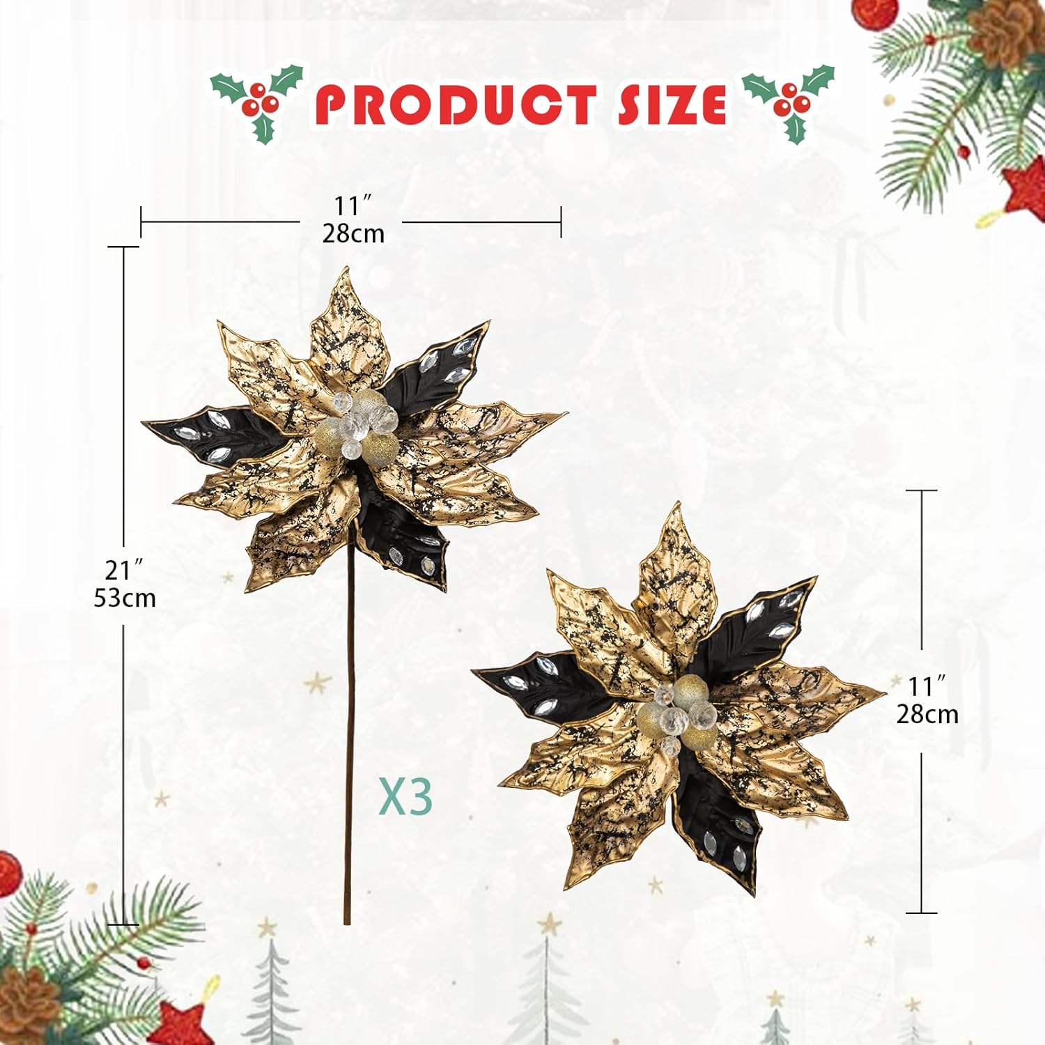 Hollyone 3PCS Poinsettia Christmas Flowers Artificial 11" Large Black and Gold Glitter Poinsettia Flower Christmas Tree Ornaments Floral Picks for Tree Wreath Garland Vase Table Centerpiece Home Decor