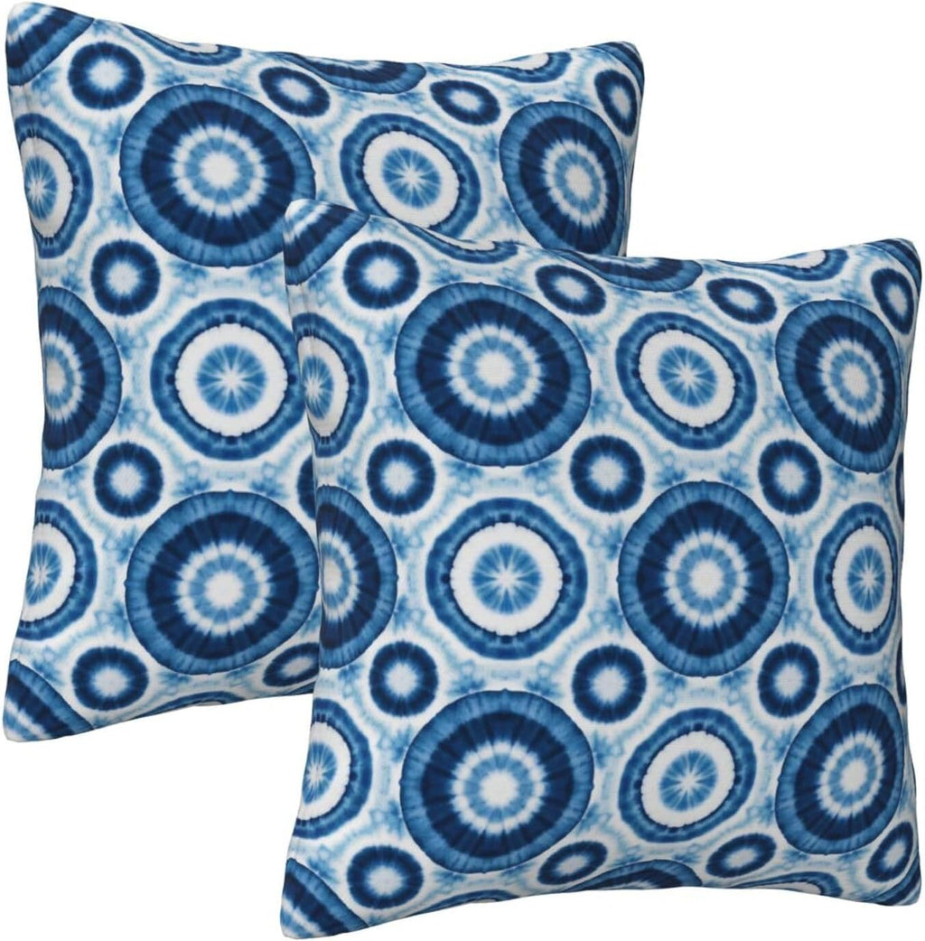 Boho Blue Tie-Dye Mandala Circle Throw Pillow Covers Set of 2 Ultra-Soft All-Season with Hidden Zipper,Durable for Sofa Bed Car Decor & Gift 18x18IN