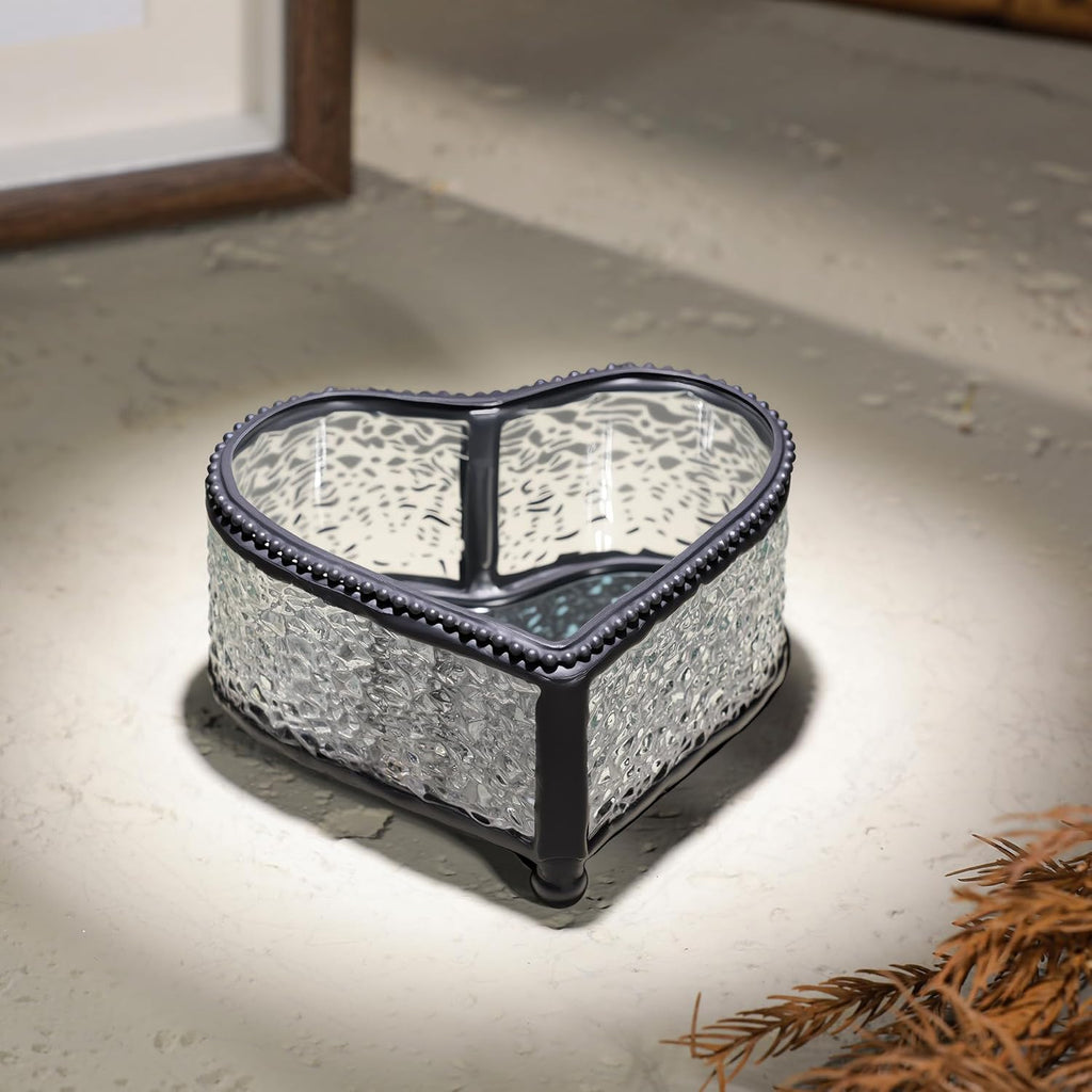 Glass Vintage Jewelry Box Keepsake storage Trinket Ring Display Box Home Decor Embossed Clear Glass Box Organizer(4×3.6×2.1Inches)