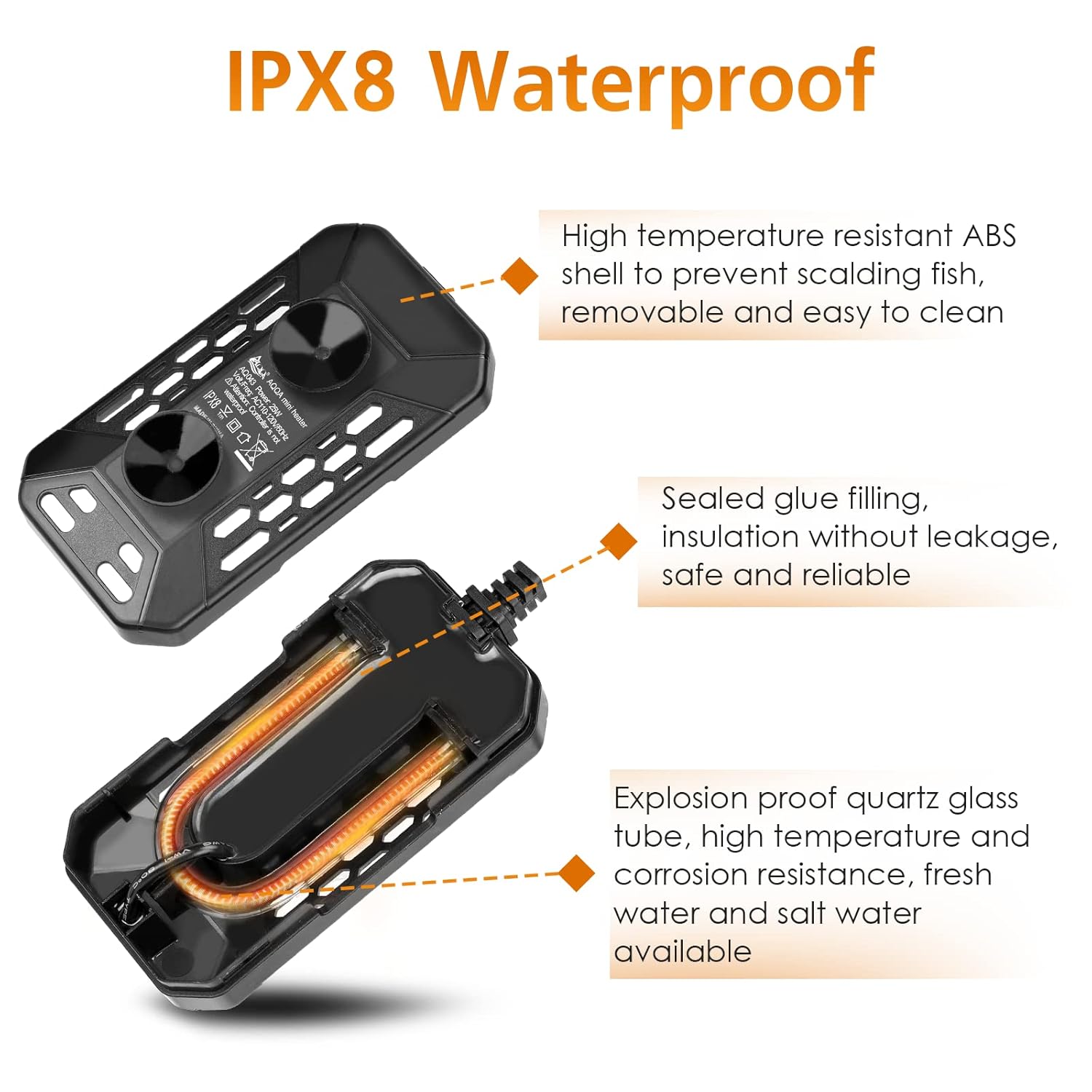 AQQA Aquarium Submersible Heater for Fish Tank,HD Temperature Display and Built-in Thermometer,External Controller Temperature Control Range 59℉-93℉,Safety Control Protects 25W