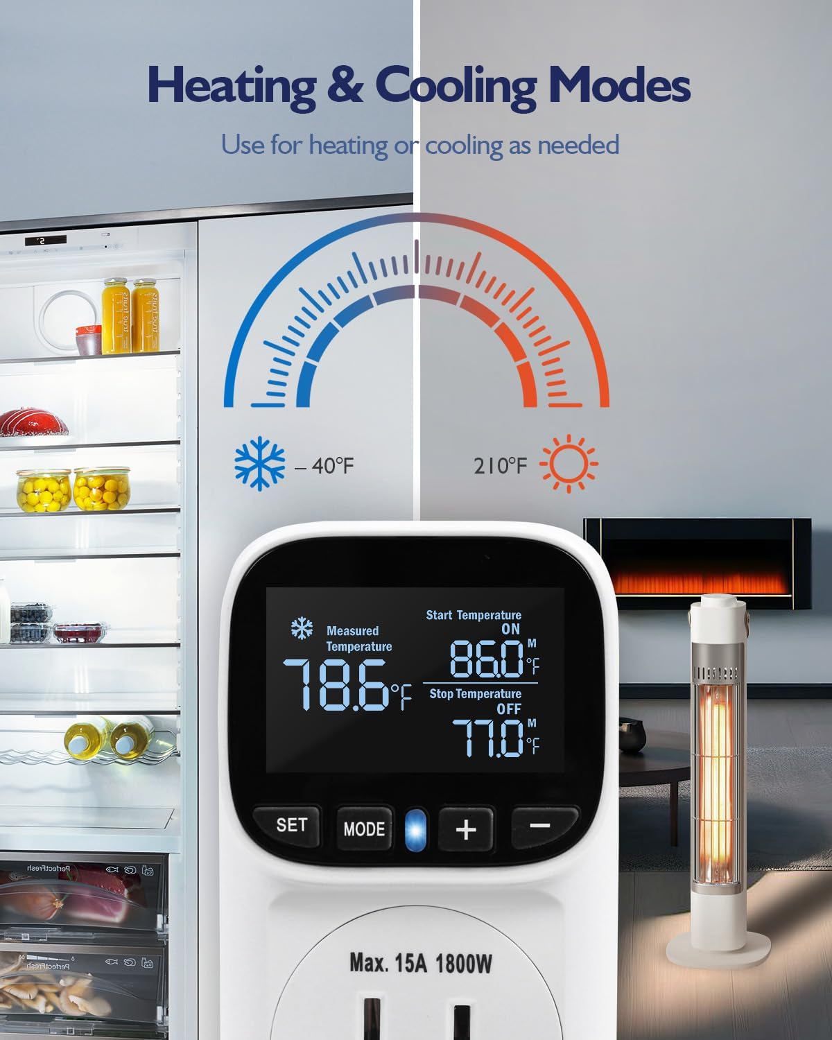 Digital Temperature Controller, Heating & Cooling Thermostat Plug Outlet, –40°F~210°F, 15A 1800W, LCD Display, Temperature Controlled Outlet for Home, Greenhouse, Chicken Coop, Reptile