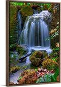 CANVAS ON DEMAND Waterfall in Tropical Rainforest of Fairchild Tropical Gardens, Walnut Float Framed Canvas Wall Art Print, Home Decor, Floral, Flowers, Nature Artwork, 32" x48in