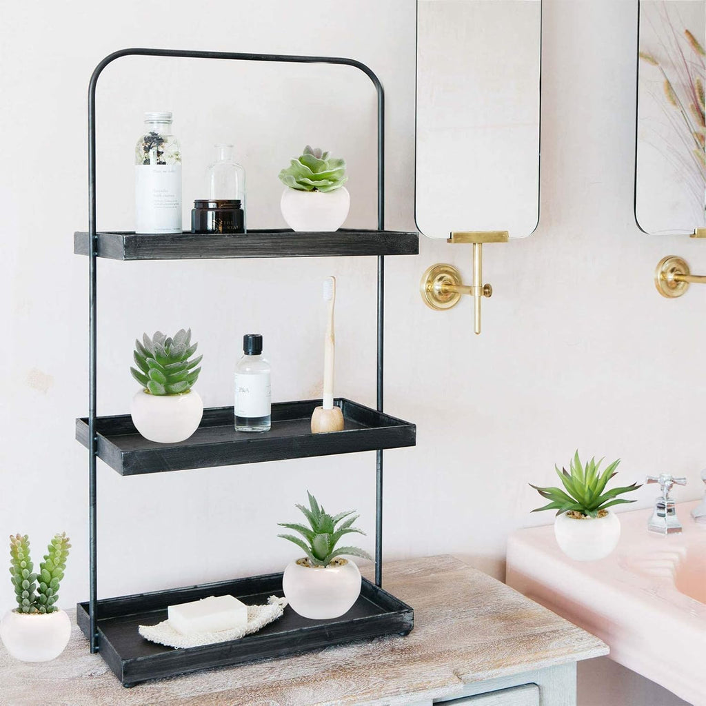 GREENTIME 6 Pcs Green Artificial Succulent Plants in Mini White Ceramic Pots Small Fake Succulent Plant Faux Indoor Decor Bedroom Desk Bathroom Office Living Room Table Shelf Home Decoration
