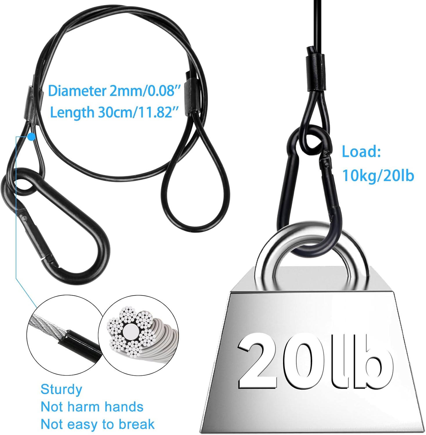 Lighting Safety Cable with Loops(6-Pack), 25kg Load Stage Light Safety Cable Black Security Chain Hanging on Trusses, Stainless Steel Lanyard（Diameter 2mm/0.08in, Length 30cm/11.82in)