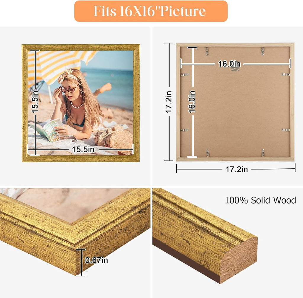 Wood 16x16 Frame Gold, Ornate Natural 16x16in Poster Picture Frame, Modern Golden 16 x 16inch Gallery Wall Photo Frame with HD Plexiglass, Horizontal Vertical Wall Mounting Display 1pcs